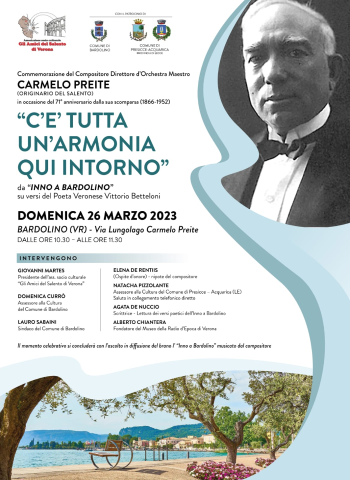 Commemorazione del Compositore Direttore d’Orchestra Maestro Carmelo Preite a Bardolino (VR), in maniera congiunta tra il Comune di Bardolino (VR) ed il Comune di Presicce - Acquarica (LE) in occasione del 71° anniversario dalla sua scomparsa.